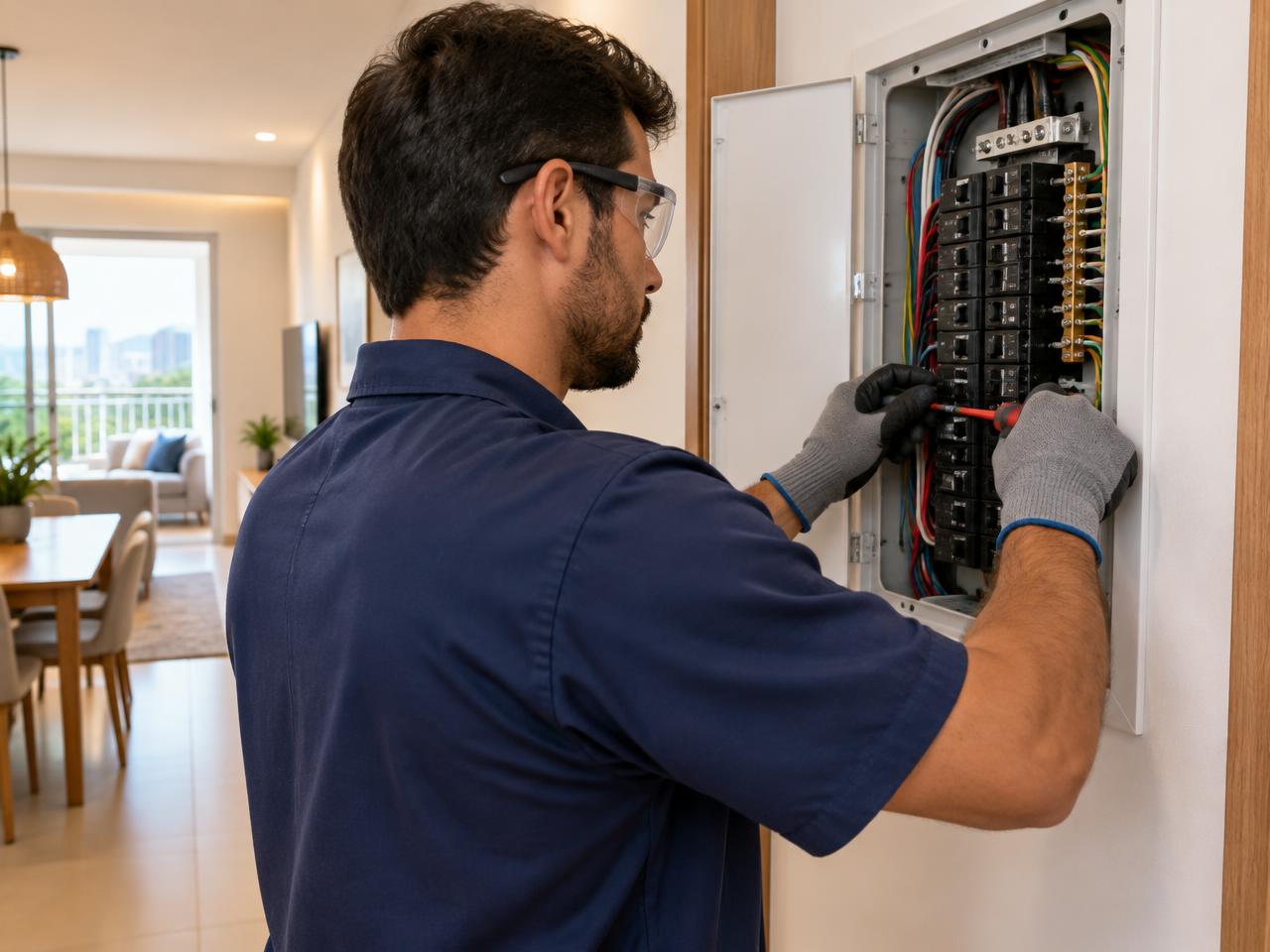 Eletricista residencial em Arujá, Suzano e Guararema trabalhando em quadro de disjuntores